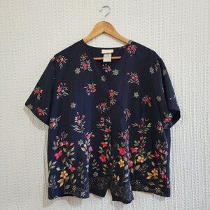 Vintage Jaclyn Smith 80's Plus Size Black Floral Boxy Button Down Crop Top 1X